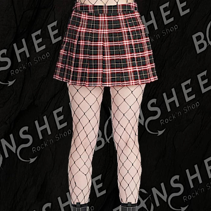 Mini-jupe plissée à carreaux tartan noir et rouge à boucle argentée, vue de dos