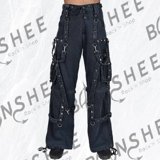 Pantalon baggy cargo gris en jean avec sangles, poches et détails métalliques