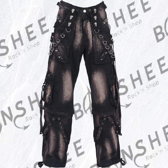 Pantalon baggy cyber gothique noir en jean avec poches cargo, sangles et anneaux métalliques