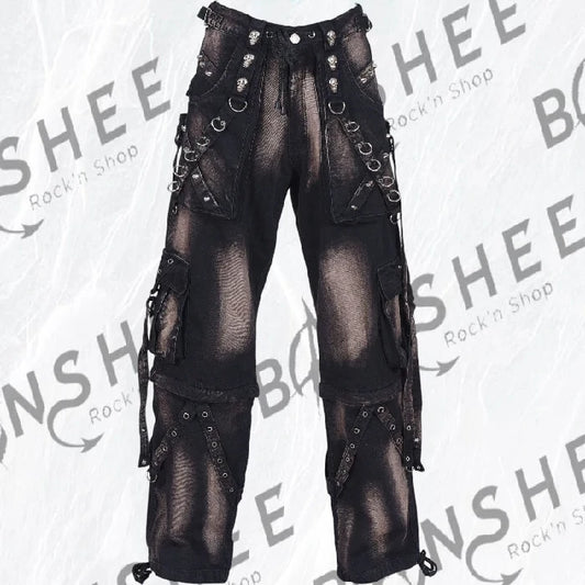 Pantalon baggy cyber gothique noir en jean avec poches cargo, sangles et anneaux métalliques