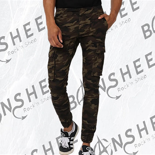 Pantalon cargo homme slim camouflage kaki avec poches latérales