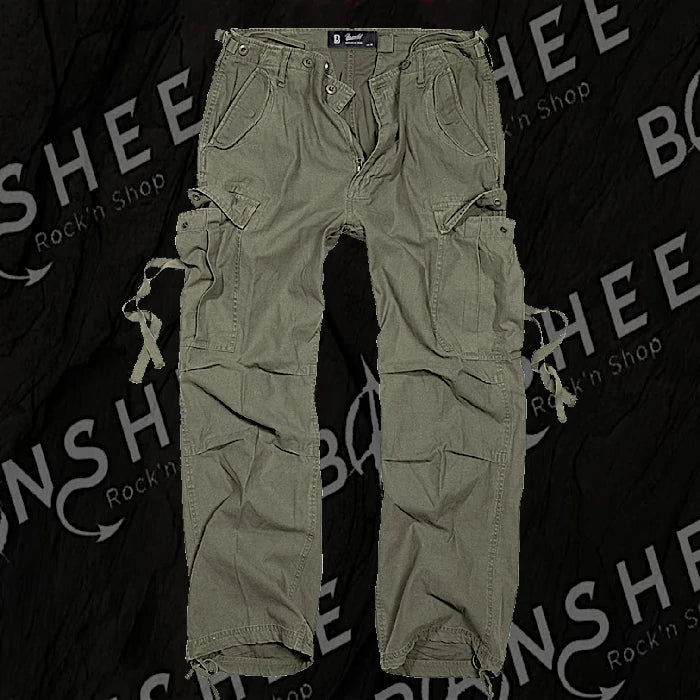 Pantalon cargo militaire kaki avec poches et sangles latérales