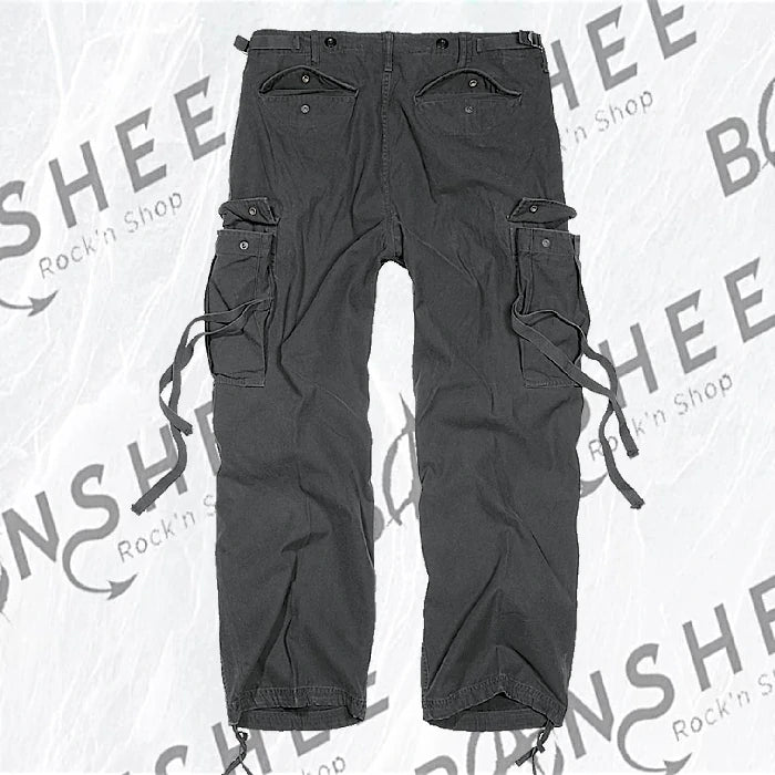 Vue arrière d'un pantalon cargo militaire noir avec poches et sangles latérales