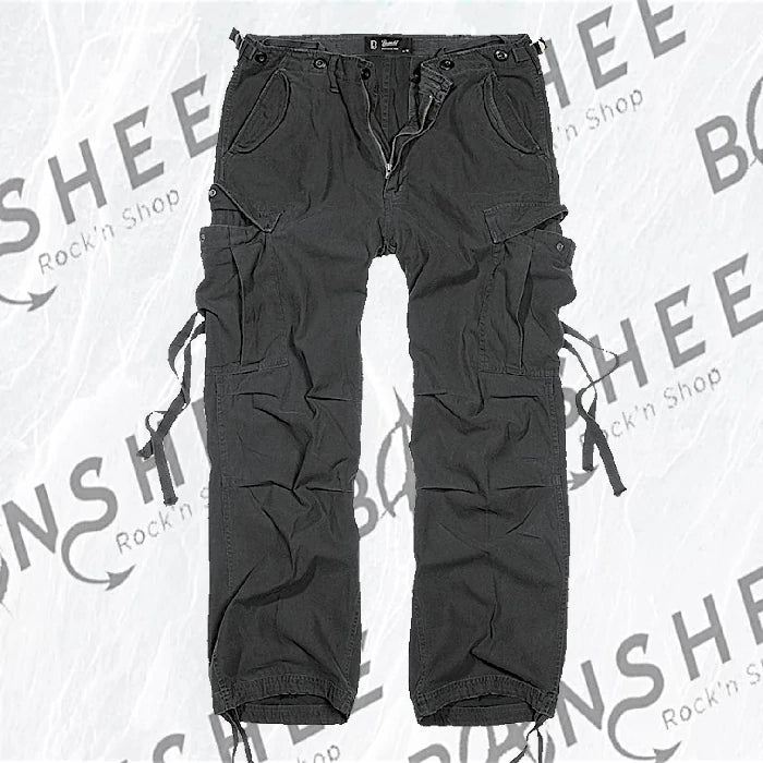 Pantalon cargo militaire noir avec poches et sangles latérales