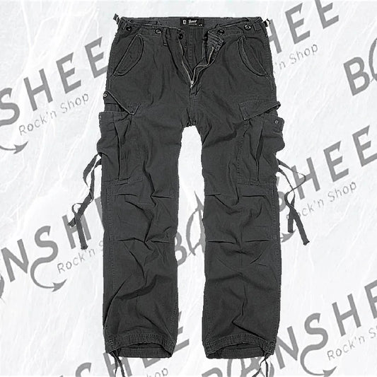 Pantalon cargo militaire noir avec poches et sangles latérales