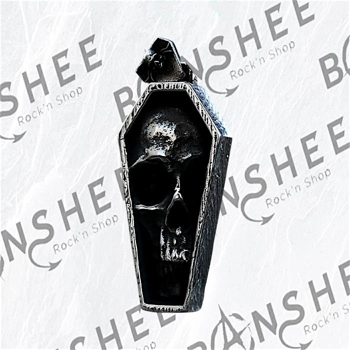 Pendentif cercueil en acier inoxydable avec tête de mort en relief
