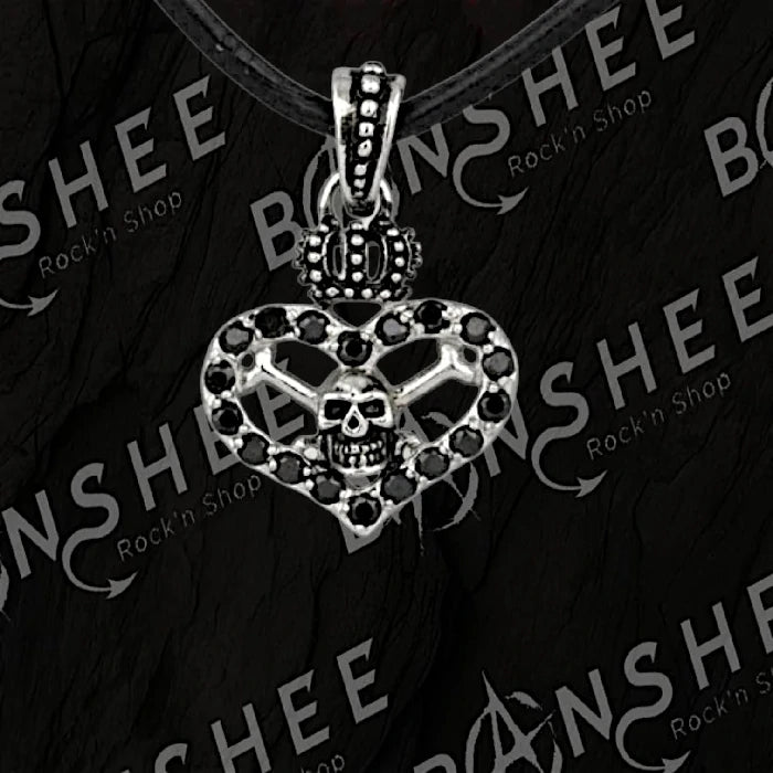 Pendentif cœur couronné avec tête de mort et pierres noires