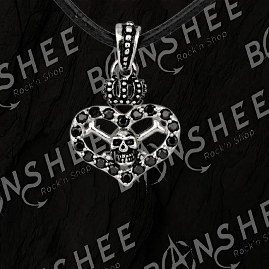 Pendentif cœur couronné avec tête de mort et pierres noires