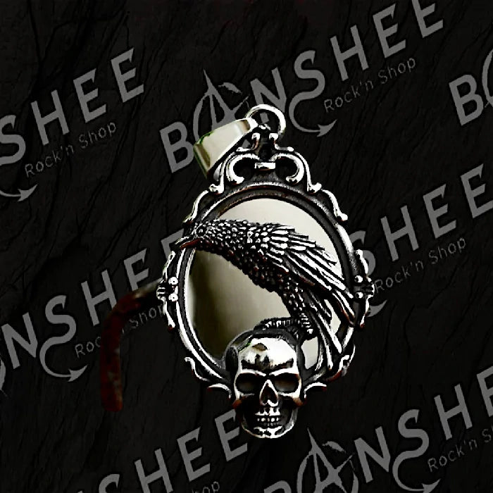 Pendentif en acier inoxydable avec corbeau, miroir et tête de mort