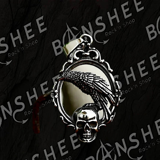 Pendentif en acier inoxydable avec corbeau, miroir et tête de mort