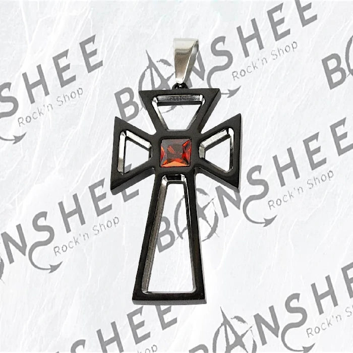 Pendentif croix en acier inoxydable noir avec chauve-souris rouge