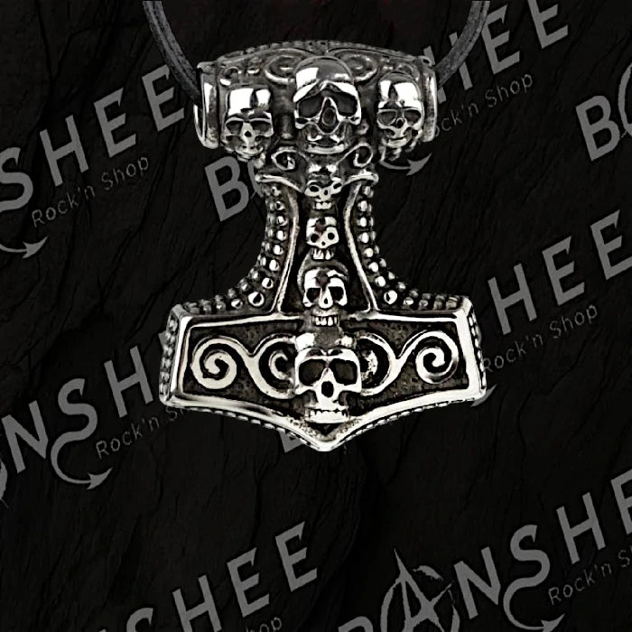 Pendentif Marteau de Thor en acier inoxydable avec crânes