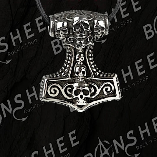 Pendentif Marteau de Thor en acier inoxydable avec crânes