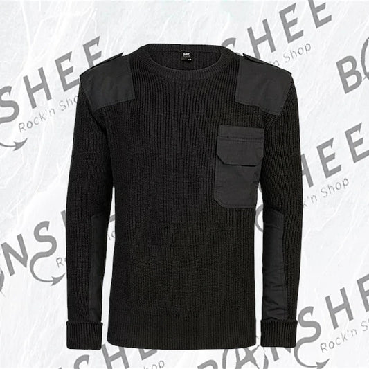 Pull commando militaire noir avec poche poitrine et renforts
