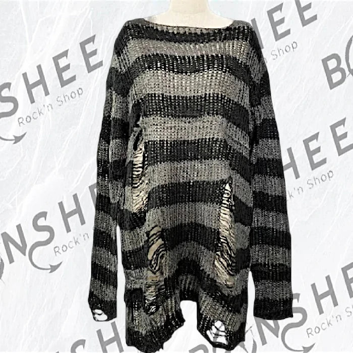 Pull oversize rayé gris détruit en maille 