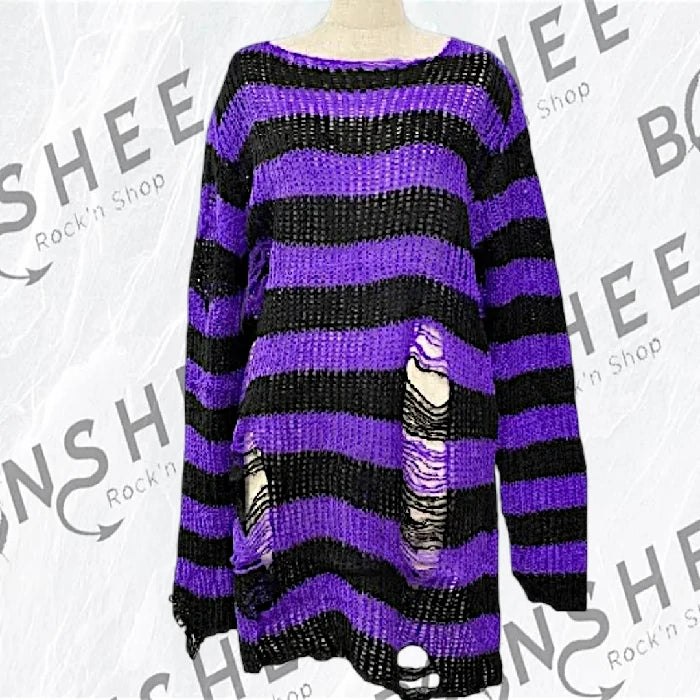 Pull oversize rayé violet détruit en maille 