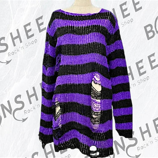 Pull oversize rayé violet détruit en maille 