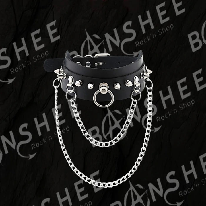 Ras de cou gothique noir en cuir PU avec anneau central, chaînes et spike métalliques