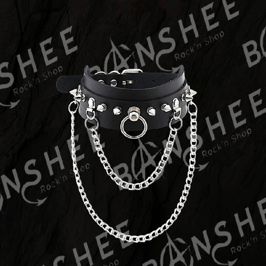 Ras de cou gothique noir en cuir PU avec anneau central, chaînes et spike métalliques