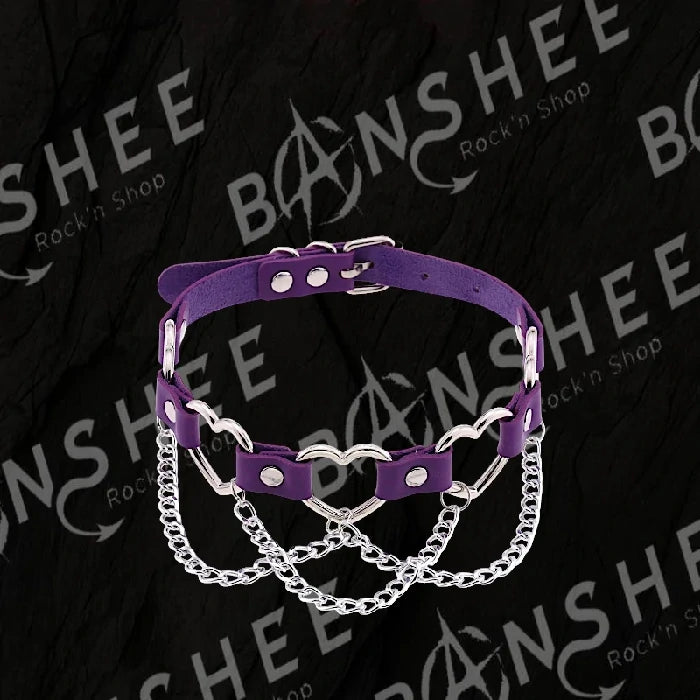 Ras de cou gothique violet en cuir PU avec cœur métallique et chaînes décoratives