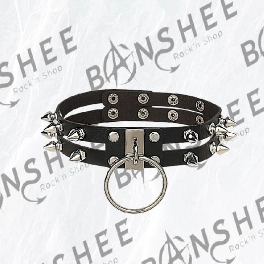 Ras de cou en cuir vegan PU avec anneau O-Ring et pointes métalliques Moon Attic