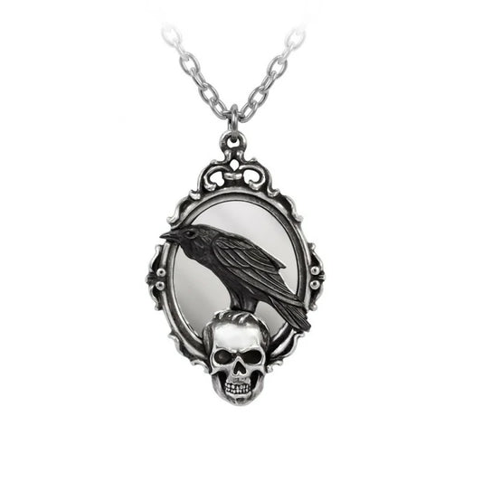 Collier Alchemy corbeau sur crâne & mirroir P919