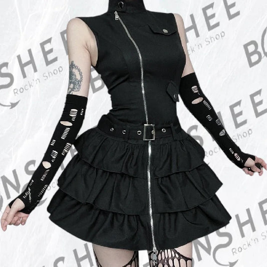 Robe gothique noire à volants avec fermeture zippée et col montant