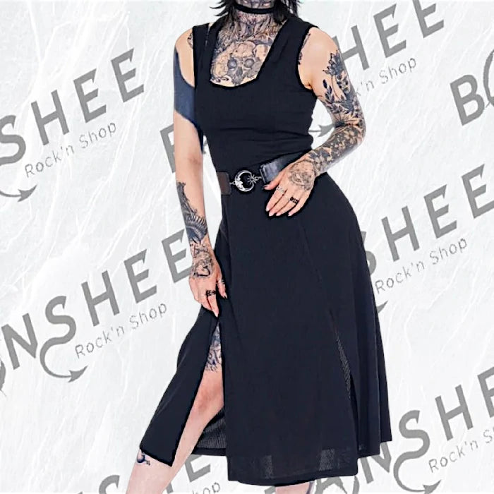 Robe longue noire gothique fendue avec ceinture