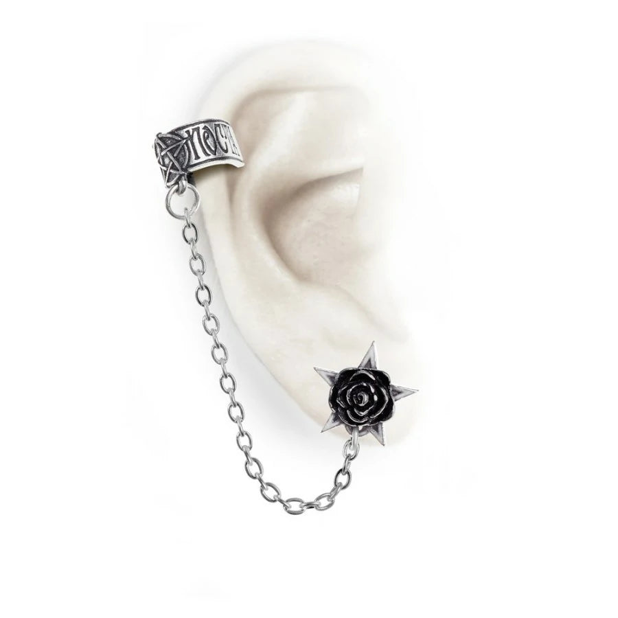 Boucle d'oreille Alchemy rose noire sur pentagramme E382