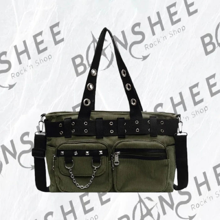 Sac gothique kaki multi-poches avec chaînes décoratives et bandoulière réglable