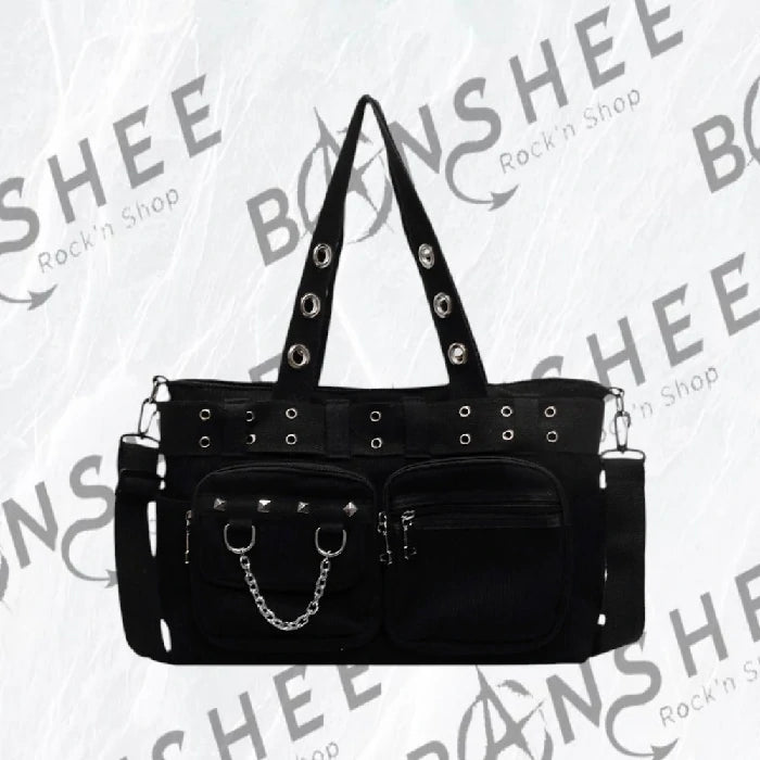 Sac gothique noir multi-poches avec chaînes décoratives et bandoulière réglable