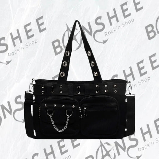 Sac gothique noir multi-poches avec chaînes décoratives et bandoulière réglable