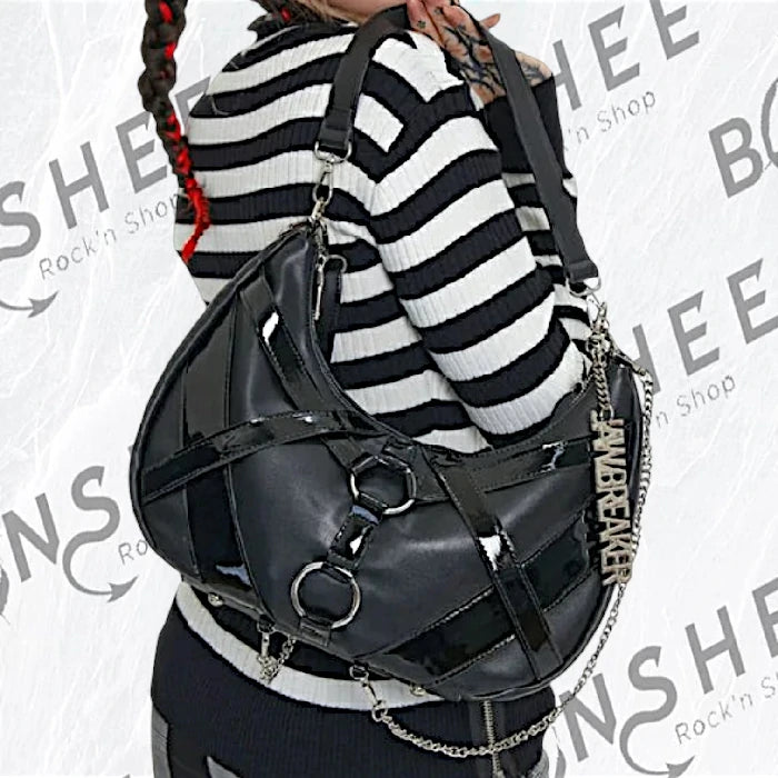 Sac à main noir gothique avec sangles anneaux et chaînes