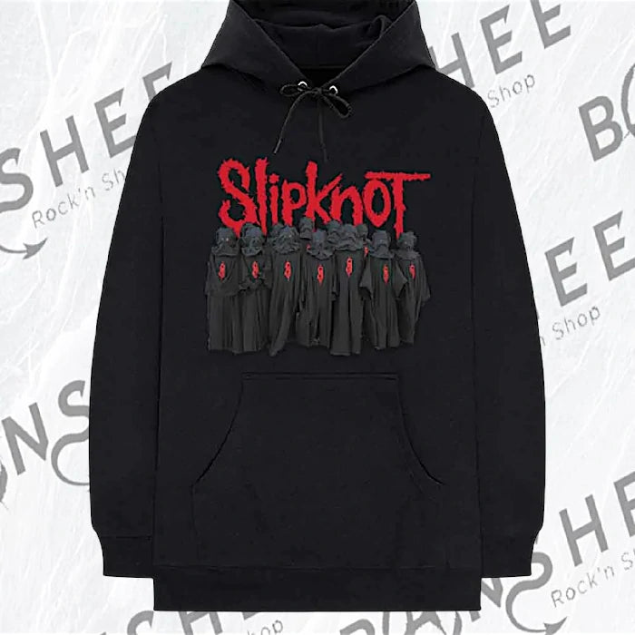 Sweat à capuche noir avec logo rouge et visuel du groupe sur le devant