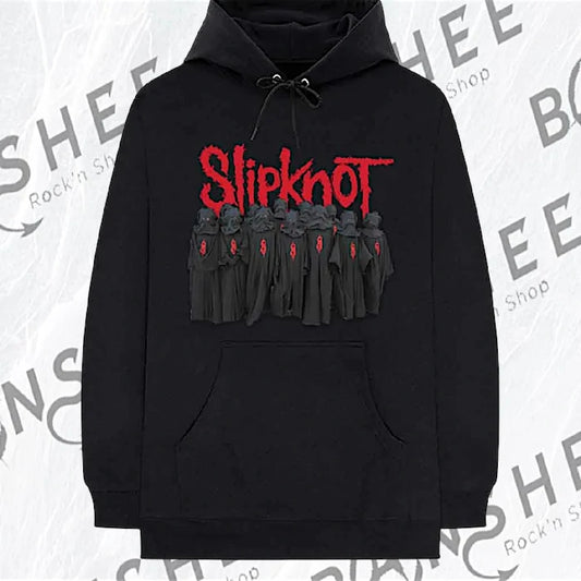 Sweat à capuche noir avec logo rouge et visuel du groupe sur le devant