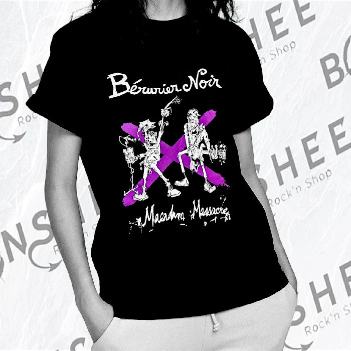 T-shirt noir avec personnages punks et motif violet imprimés