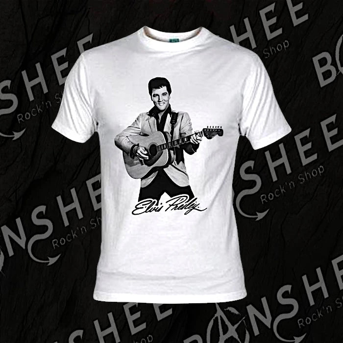 T-shirt Elvis Presley blanc avec portrait guitare et signature