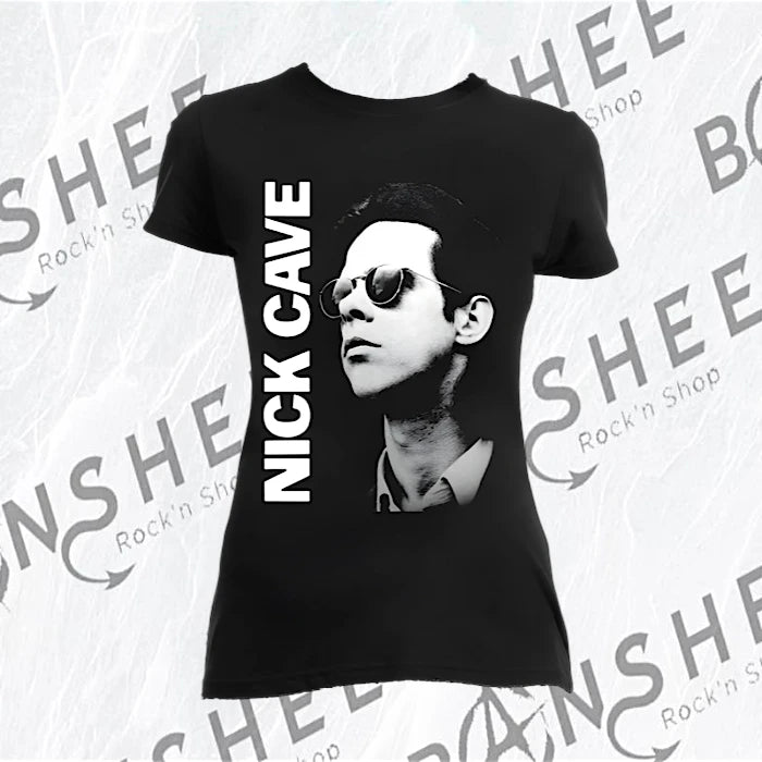 T-shirt femme Nick Cave noir avec portrait et imprimé au dos