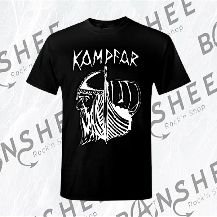 T-shirt noir metal avec guerrier viking et drakkar blanc