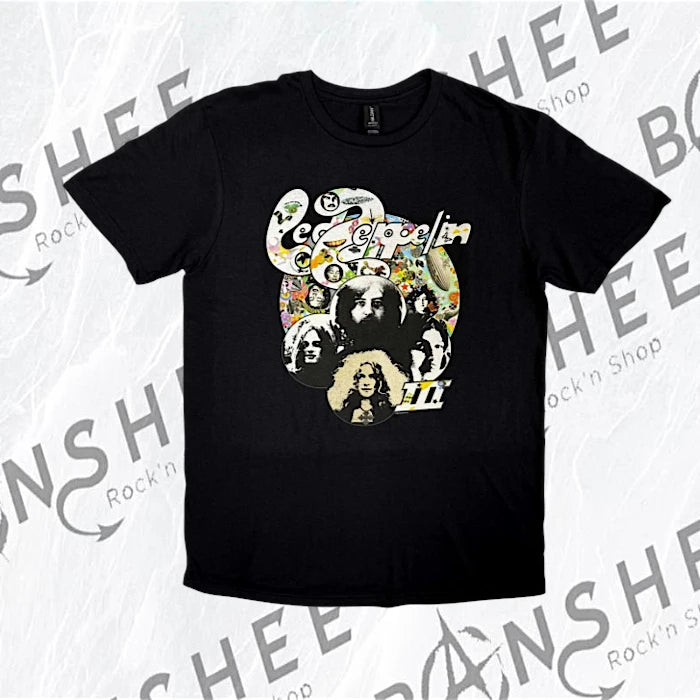 T-shirt officiel Led Zeppelin Photo III noir avec portraits des musiciens et motif psychédélique multicolore
