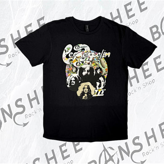 T-shirt officiel Led Zeppelin Photo III noir avec portraits des musiciens et motif psychédélique multicolore