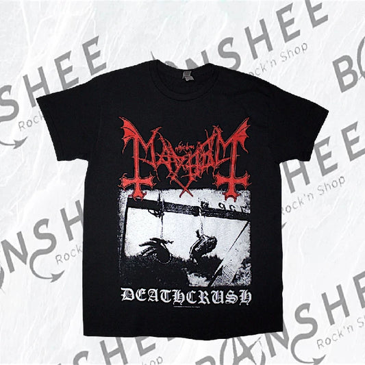T-shirt officiel Mayhem Deathcrush noir avec logo rouge et illustration de l'EP