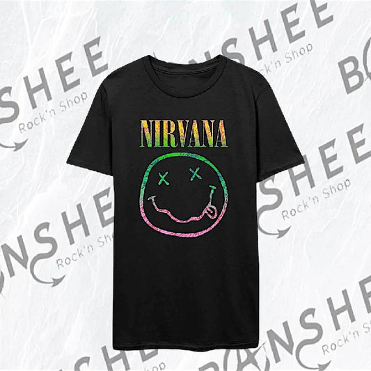 T-shirt officiel Nirvana Sorbet Ray Happy Face noir avec logo smiley multicolore