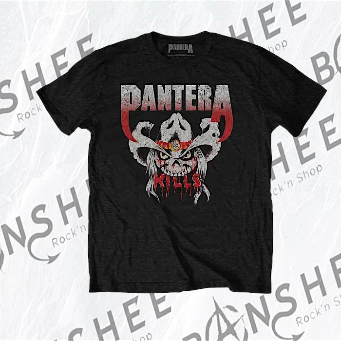 T-shirt officiel Pantera Kills noir avec crâne de cowboy, logo du groupe et inscription rouge