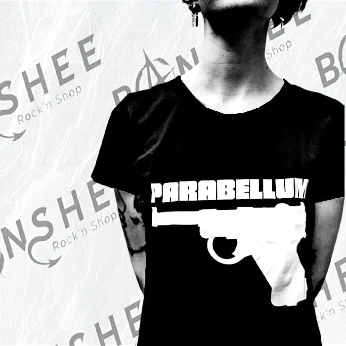 T-shirt noir punk avec grand motif pistolet blanc imprimé
