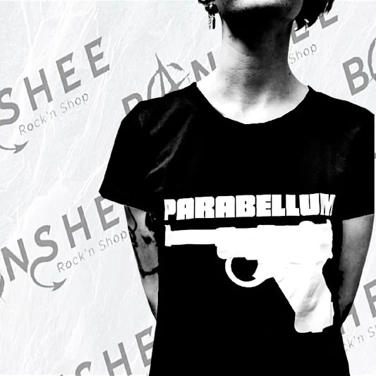 T-shirt noir punk avec grand motif pistolet blanc imprimé