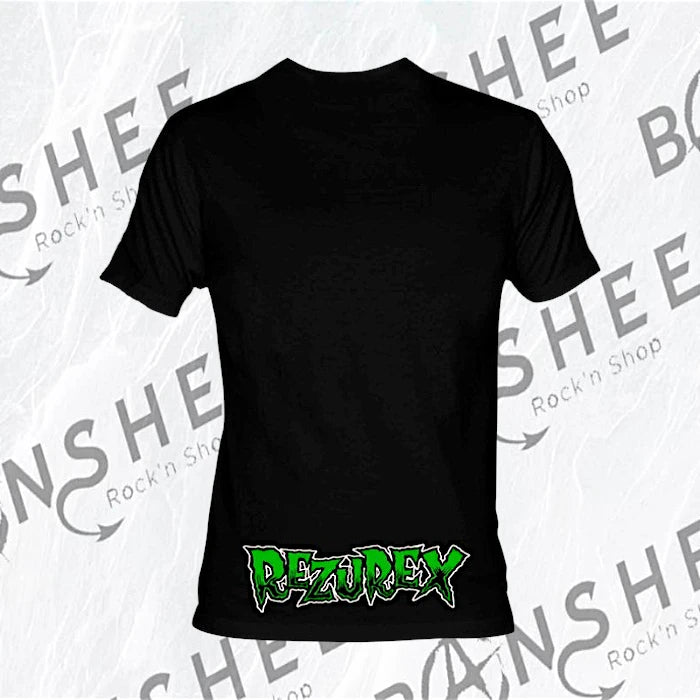 T-shirt Rezurex Logo Skull noir avec crâne à crête verte vu de dos