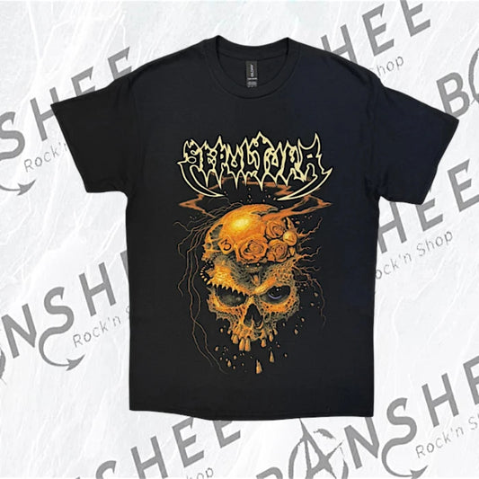 T-shirt officiel Sepultura Beneath the Remains noir avec logo du groupe et crâne orange de l'album