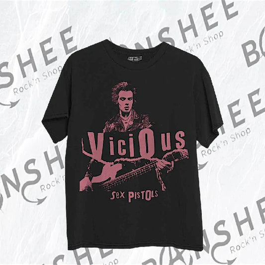 T-shirt officiel Sex Pistols Sid Vicious noir avec portrait du bassiste et logo du groupe