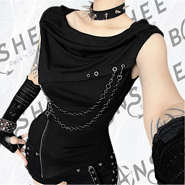 Top gothique noir à capuche avec chaînes et fermeture zippée détails